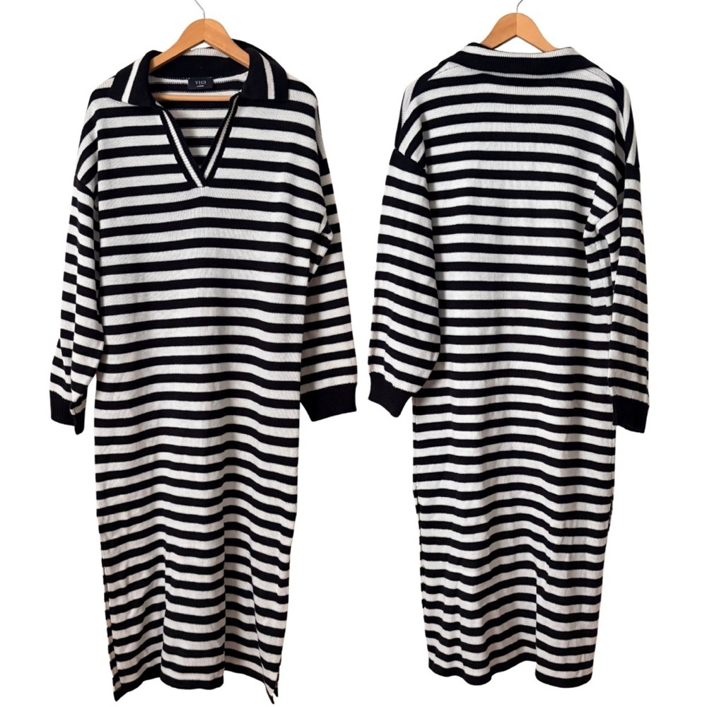 VICI Pasquale Black and White Striped Knit Collared Midi Dress, Large - Picture 2 of 12